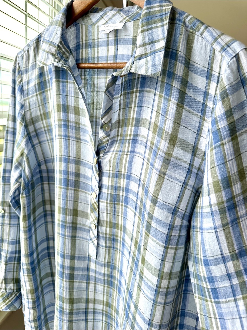 J. Jill Blue and Olive Plaid 1/2 Button Front Shirt/Tunic, Long Sleeves, Linen